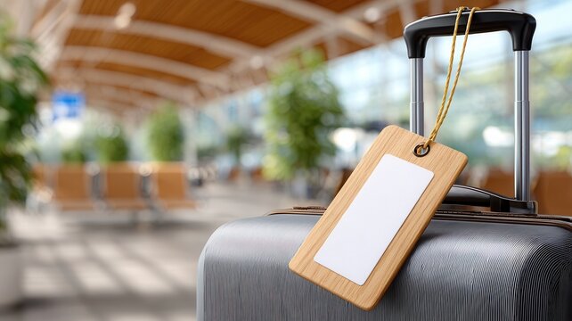 Silver travel suitcase with blank luggage tag standing a bustling airport terminal, for ready journey - Powered by Adobe