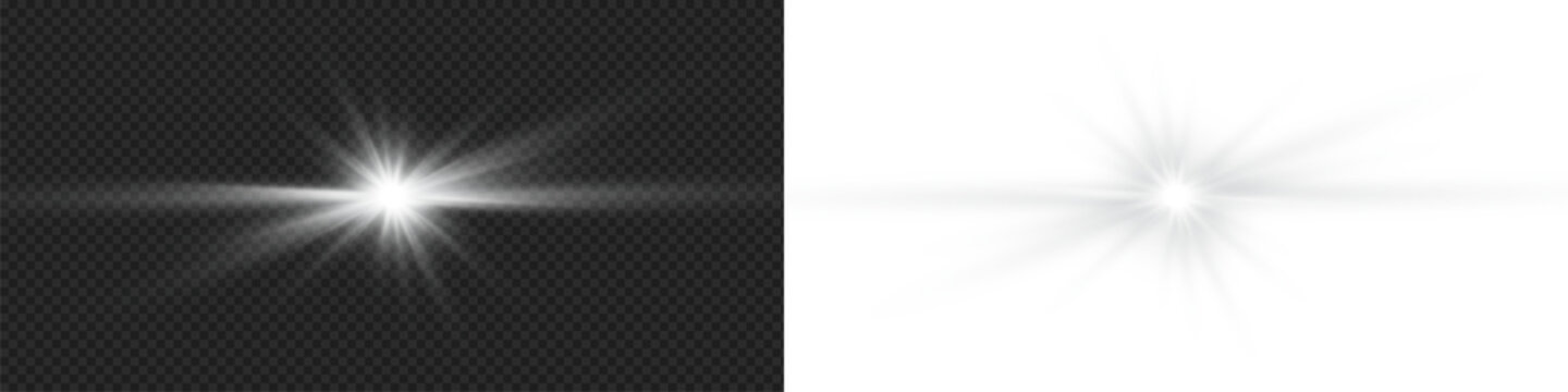 Glowing white starburst with sunlight radiant sparkling sun beam and sunrays, soft sunrise shine bright beams lens flare ray ethereal illumination effect on transparent png background