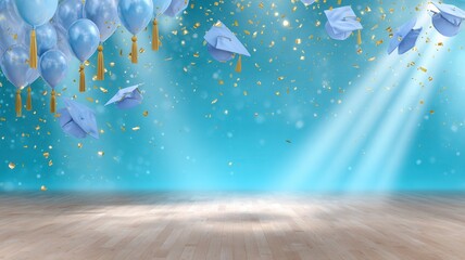 Graduation success celebration with flying academic caps, festive balloons, and golden confetti stage a wooden