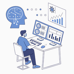 Man working on computer with data analysis isolated on