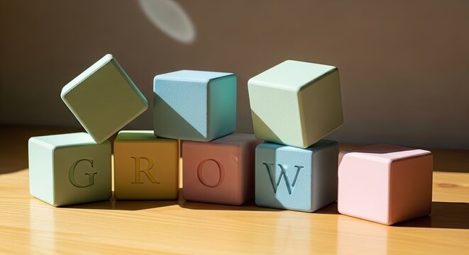 Growth concept with wooden blocks spelling out word grow on table - Powered by Adobe