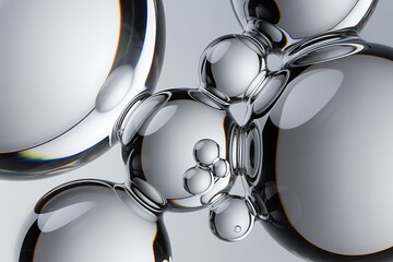 3D rendering transparent liquid spheres with bubbles inside, showcasing clarity, texture, and purity ideal for skincare, serum ads, and high-end cosmetic branding.