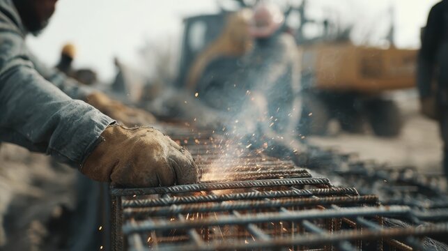 Close-up of worker welding metal rods with sparks in industrial environment