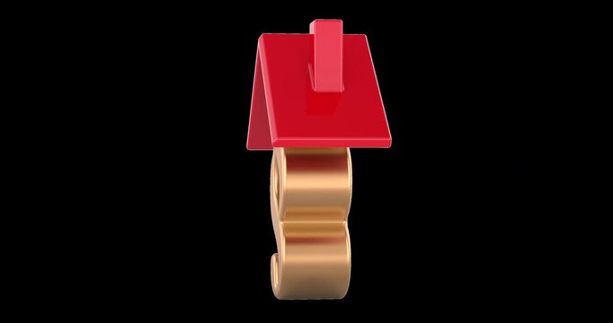 Section sign under house roof rotation animation seamlessly loopable. 3D rendering isolated on transparent background