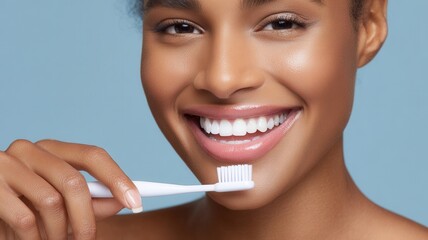Smiling young black woman holding toothbrush representing teeth whiteness, oral care dental hygiene