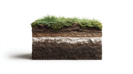 Cross section of organic earth with green grass showing distinct underground layers of rock soil geology