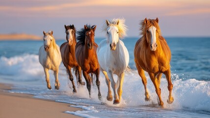 Wild horses galloping through shallow ocean water a sandy beach, powerful freedom and symbolizing movement