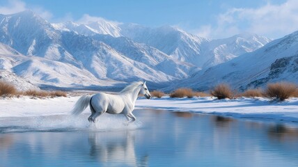 White horse traversing water a serene winter mountain setting, representing freedom, adventure, the wild outdoors