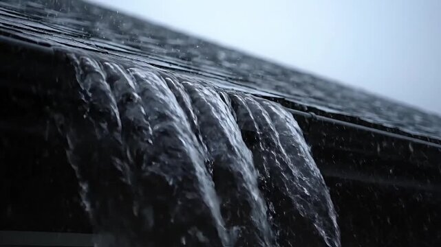 Heavy rain cascading over dark roof shingles and overflowing gutter creating a powerful water