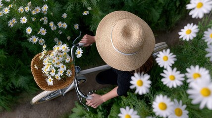Woman cycling a garden path, enjoying nature and fresh air with beautiful flowers basket bicycle in her