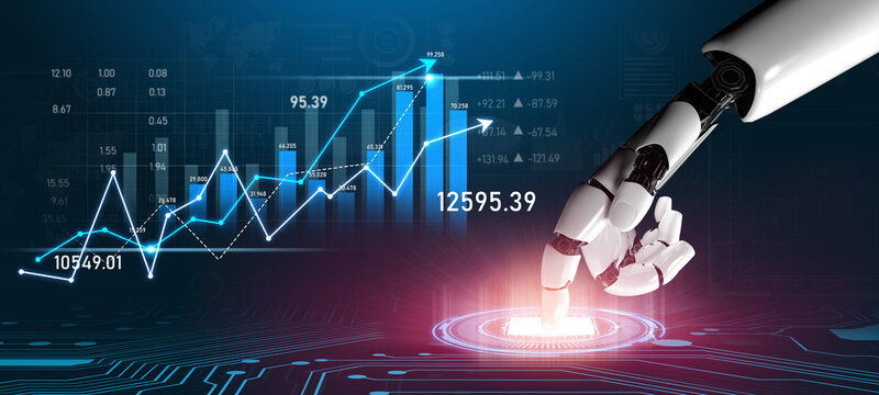 An illustration of a robotic hand engaging with digital stock market graphs, highlighting financial growth and the intersection of technology and innovation in economics. Scalp - Powered by Adobe