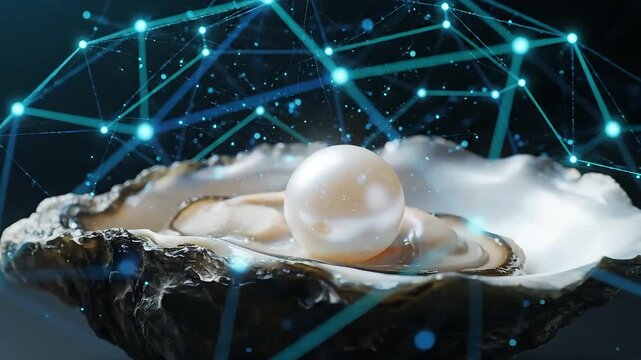 Luminous pearl in oyster shell with glowing blue network connections abstract technology concept
