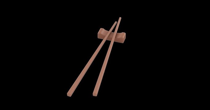 Wooden chopsticks resting on a chopstick holder rotation animation seamlessly loopable. 3D rendering isolated on transparent background