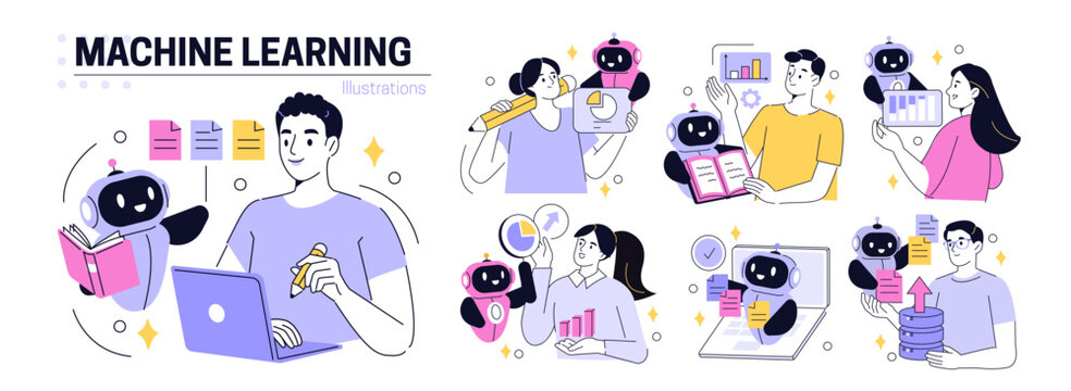 LLM training and machine learning set. Robot assistant and people characters working together to train large language models, analyze datasets, build solutions. Vector doodle illustration.
