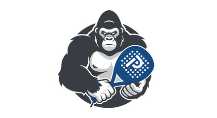 Vector logo of a powerful gorilla mascot holding a padel racket for a sports team emblem on a white background