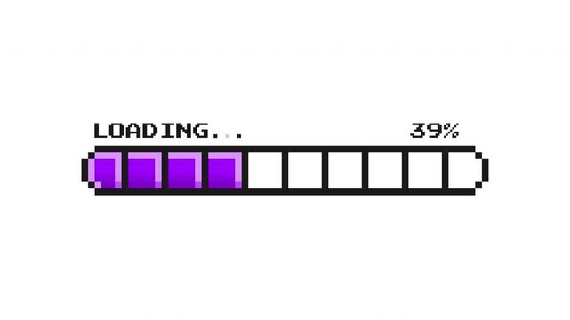 Purple pixel retro loading bar animation with vibrant segmented blocks sliding smoothly across the interface ProRes Alpha Channel 4K 60fps