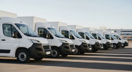 A pristine fleet of white commercial delivery vans lined up neatly in a spacious parking lot, signifying modern logistics, efficient transportation, and reliable distribution services