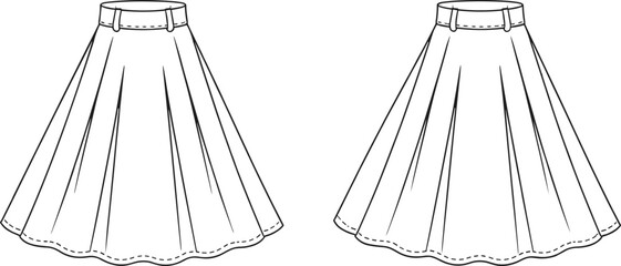 Pleated skirt illustration, technical fashion sketch, flared garment design, fitted waistband detail, flowing hemline drawing, apparel construction template, clothing design artwork