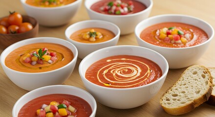 Delicious tomato soup recipe ideas: healthy homemade soup bowls with fresh ingredients and tasty bread slice
