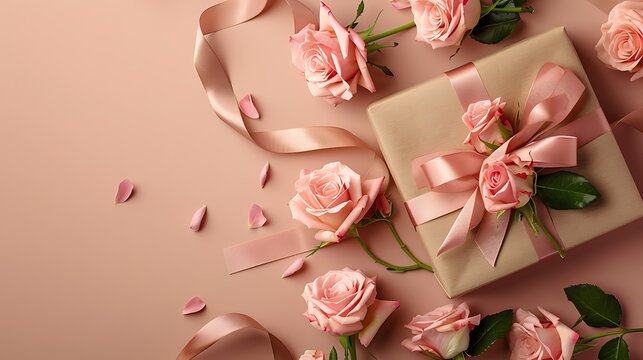 Top view of a gift box tied with a pink ribbon surrounded by pink roses on a pink background