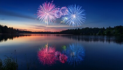 vibrant fireworks over a serene lake at dusk