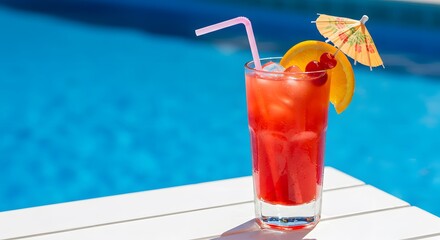 Refreshing summer cocktail by the pool, tropical drink with straw and umbrella, poolside vacation vibes