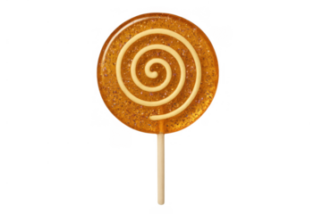 Golden spiral lollipop candy with swirl pattern tempting sweet snack for children and adults on transparent background