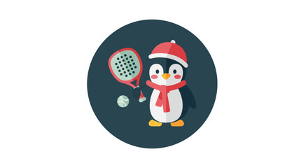 Playful winter sports penguin icon with padel racket and ball, embodying athletic fun and seasonal recreation in a charming flat design. Perfect for cold-weather activities and sporty illustrations