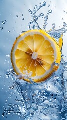 A lemon slice splashing into water with a blue background creating a refreshing and vibrant scene