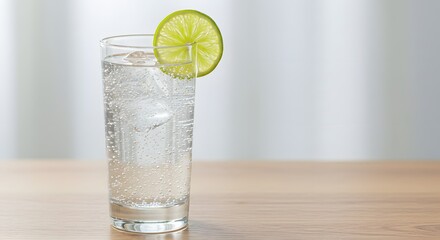 Refreshing lime sparkling water drink in glass with ice cubes for summer beverage photography style