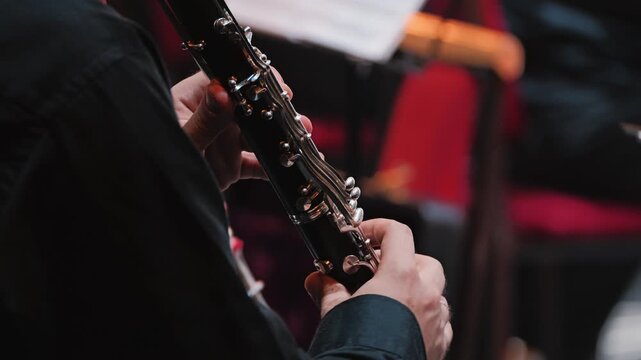 A close-up of a musician's hands skillfully playing a clarinet, dressed in a black shirt. The blurred background suggests a concert setting with red seating