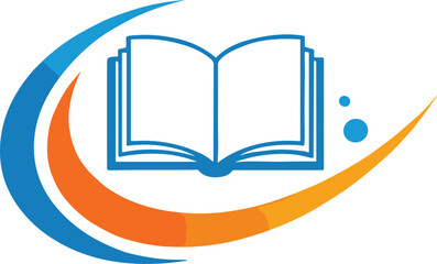 Modern education logo with open book and colorful swoosh design, academic learning emblem for school, library, study and knowledge branding