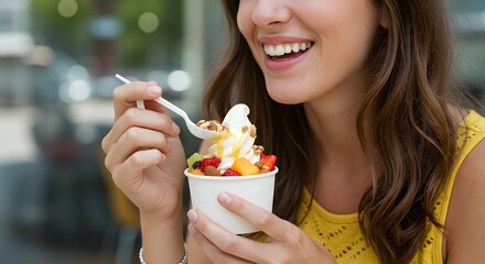 Enjoying frozen yogurt with fruit toppings a delicious and refreshing summer treat for a joyful moment