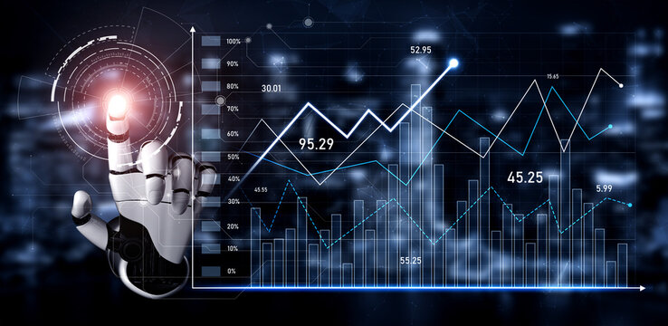 A robotic hand interacts with digital graphs and data visualizations, showcasing the relationship between technology and analytics in today business landscape. Scalp