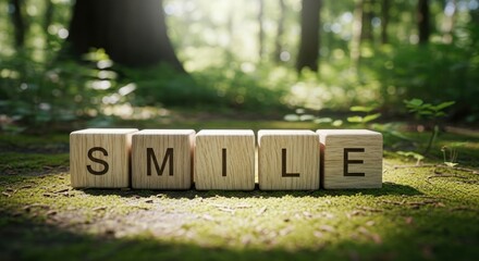 Inspiring wood blocks spelling the word smile in a forest scene