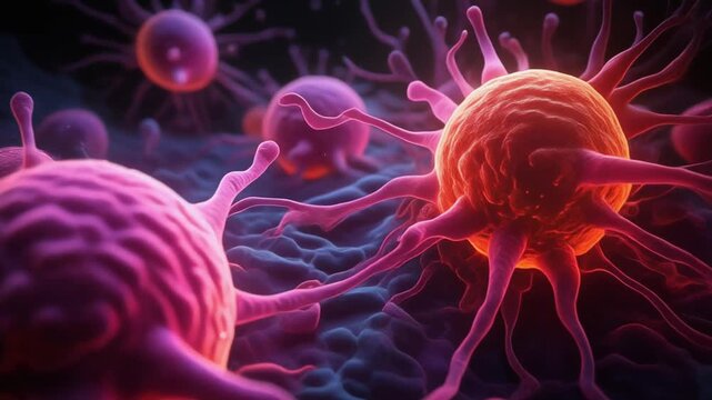 Microscopic view of abnormal cells with tentacle-like structures, possibly cancer or virus.
