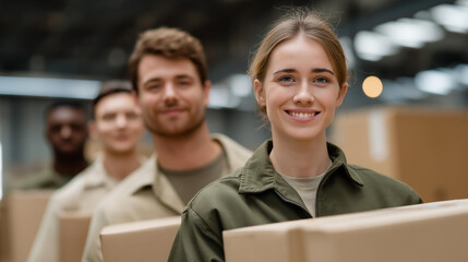 Group of volunteers, including veterans, organizing donation boxes in a warehouse — symbolizing teamwork, social impact, community service, and veterans continuing to serve society through kindness