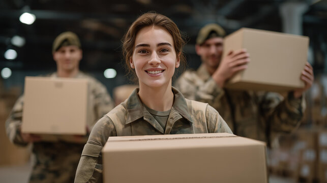 Group of volunteers, including veterans, organizing donation boxes in a warehouse — symbolizing teamwork, social impact, community service, and veterans continuing to serve society through kindness