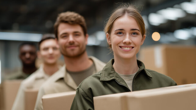 Group of volunteers, including veterans, organizing donation boxes in a warehouse — symbolizing teamwork, social impact, community service, and veterans continuing to serve society through kindness