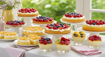 Delicious fruit tarts and desserts on a table for a party or event fresh baked goods and pastries display