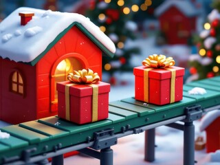 Festive gifts on a snowy conveyor belt from a winter workshop