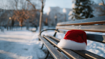 Snow slowly falling over empty park with a red Santa hat resting on bench armrest — representing reflective mood, emotional visual poetry, and serene winter holiday aesthetic. cinematic color