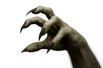 Monster hand extending, grasping gesture with long sharp talons, horror creature or zombie arm on transparent background