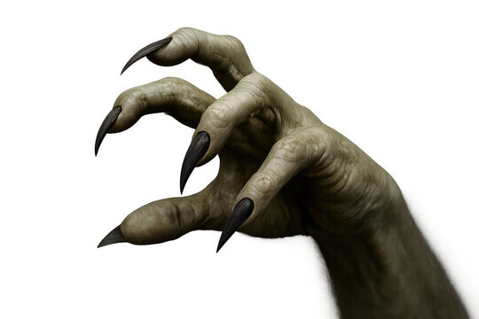 Monster hand extending, grasping gesture with long sharp talons, horror creature or zombie arm on transparent background