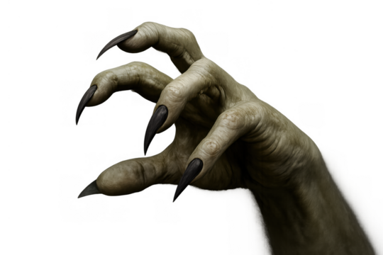 Monster hand extending, grasping gesture with long sharp talons, horror creature or zombie arm on transparent background
