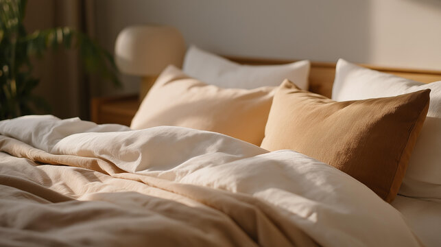 Overhead shot of neatly made bed in serene tones — visual metaphor for calm, restorative routines supporting overall health and longevity. cinematic color correction, natural uneven lighting yet