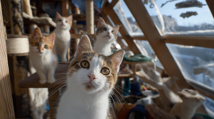 Curious rescue cats observing volunteers through glass enclosures filled with toys and climbing structures — a lively depiction of playfulness, mental stimulation, and the joyful hope of finding a