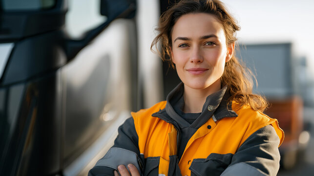 Female truck driver confidently reversing her semi-truck into a narrow loading dock — a bold, empowering image promoting gender diversity in the transportation sector and representing skill,