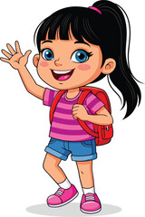 Cute smiling cartoon girl waving happily with backpack, playful child character illustration perfect for education, kids activities, learning, and school content