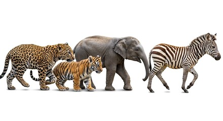 Diverse animal lineup featuring a leopard tiger elephant and zebra on white background